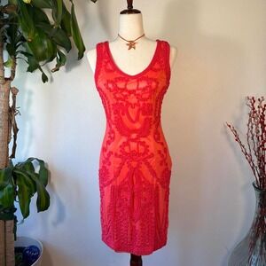 T&W Designs Coral Crochet Mesh Midi Dress Orange Boho Embroidered Wedding Guest